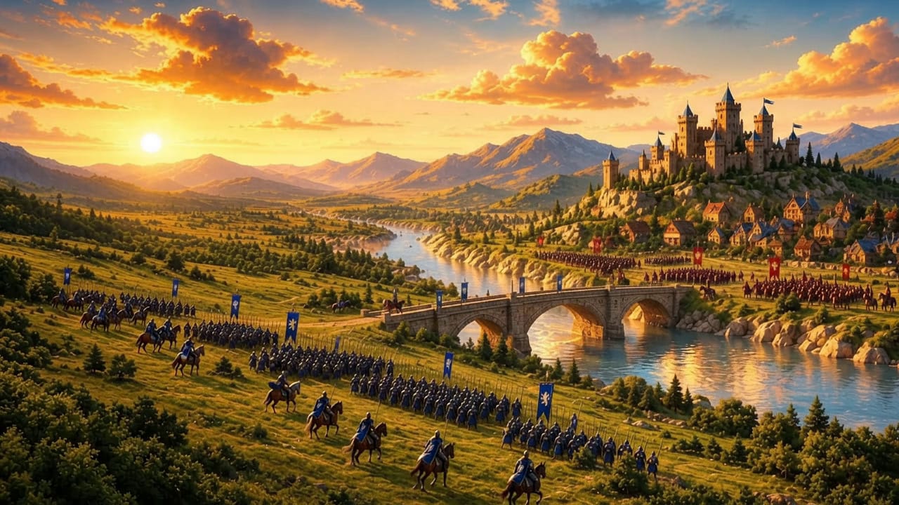 Golden-hour painting of a miniature battlefield: a blue host under lion banners advances on a stone bridge across a river, while a red host waits before a village beneath a castle on a hill.