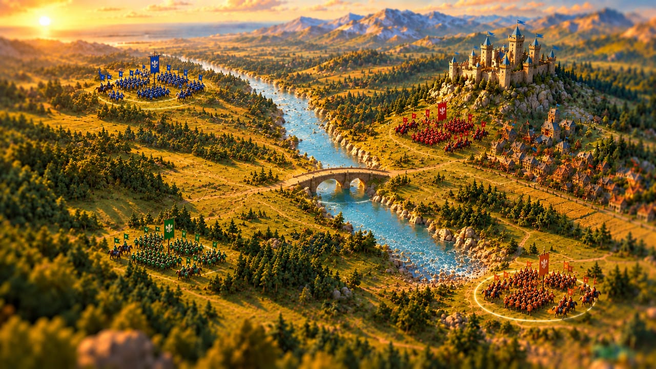 Four armies on a golden valley map — blue, red, green and orange hosts, each standing in its own capture ring around a river and a stone bridge.