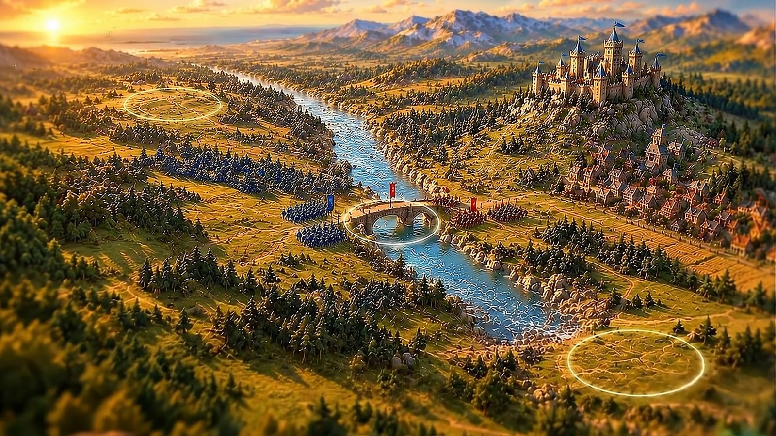 High war-table view of the valley: three glowing capture rings mark the zones on the left field, at the bridge and on the right field.