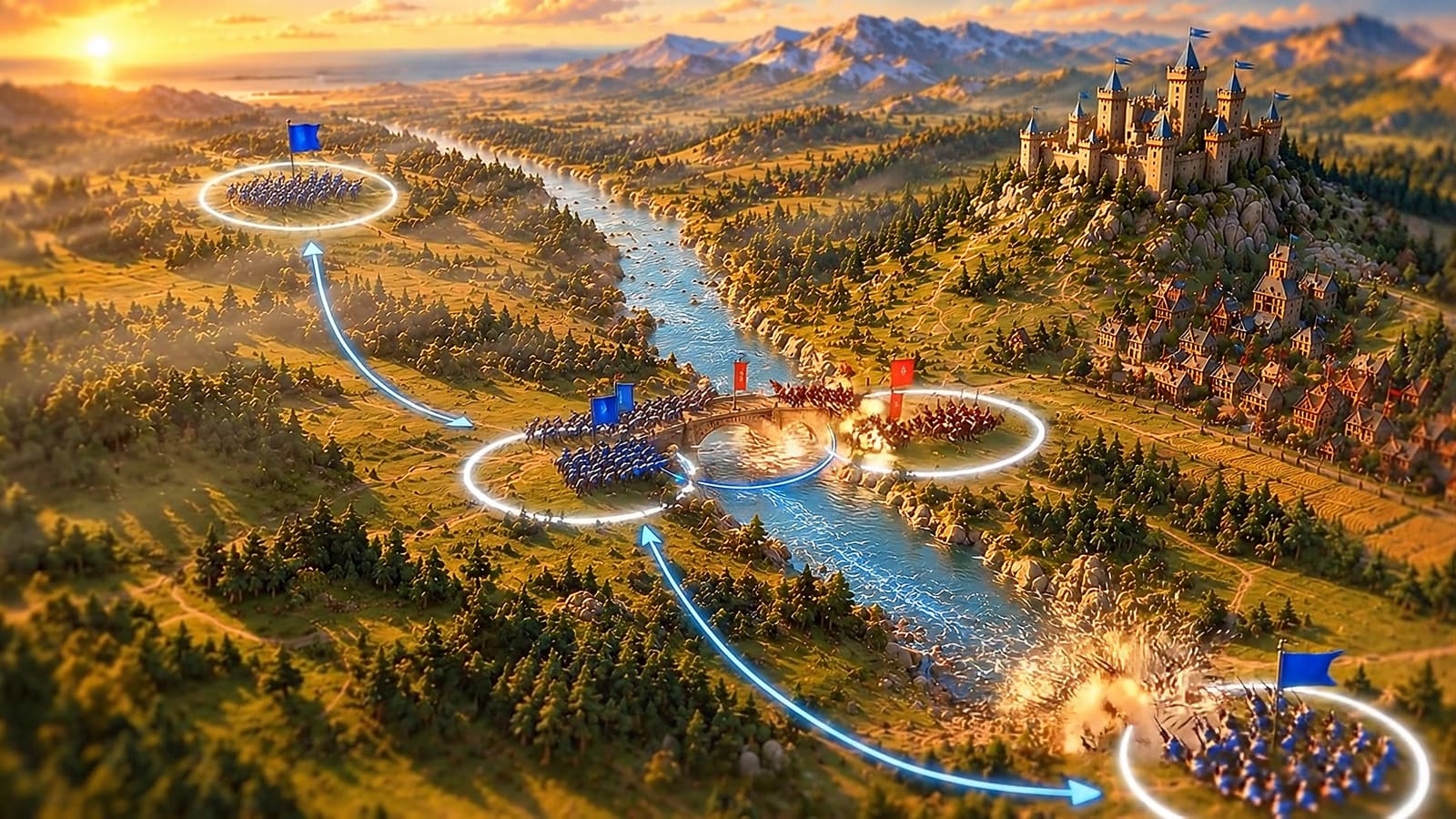 The battle on the board: an explosion at the bridge as the left zone’s flag turns from red to blue; glowing blue order arrows sweep across the map.