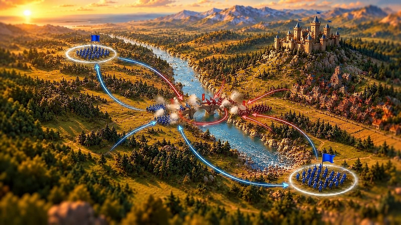 The battle unresolved: blue and red arrows converge on the contested zone at the bridge.